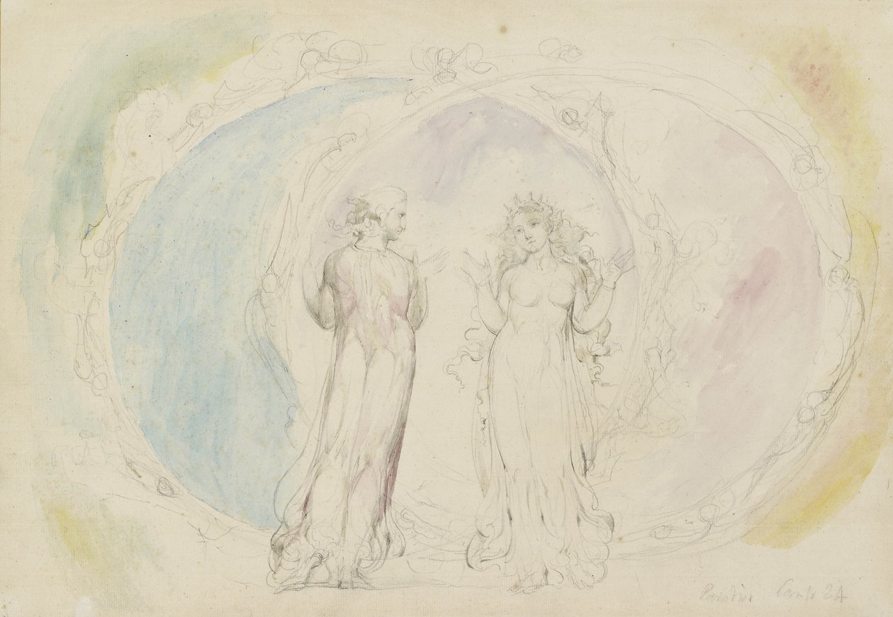 Beatrice i Dante w Bliźniętach, pośród kul ognia, ilustracja do „Boskiej komedii”, Paradiso, 1825-27 (toaleta z piórem i tuszem na graficie) autorstwa William Blake