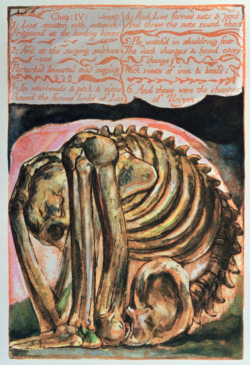 Księga Urizena; stworzenie Urizena w materialnej formie przez Los, 1794 (drukowana kolorowo akwaforta) autorstwa William Blake