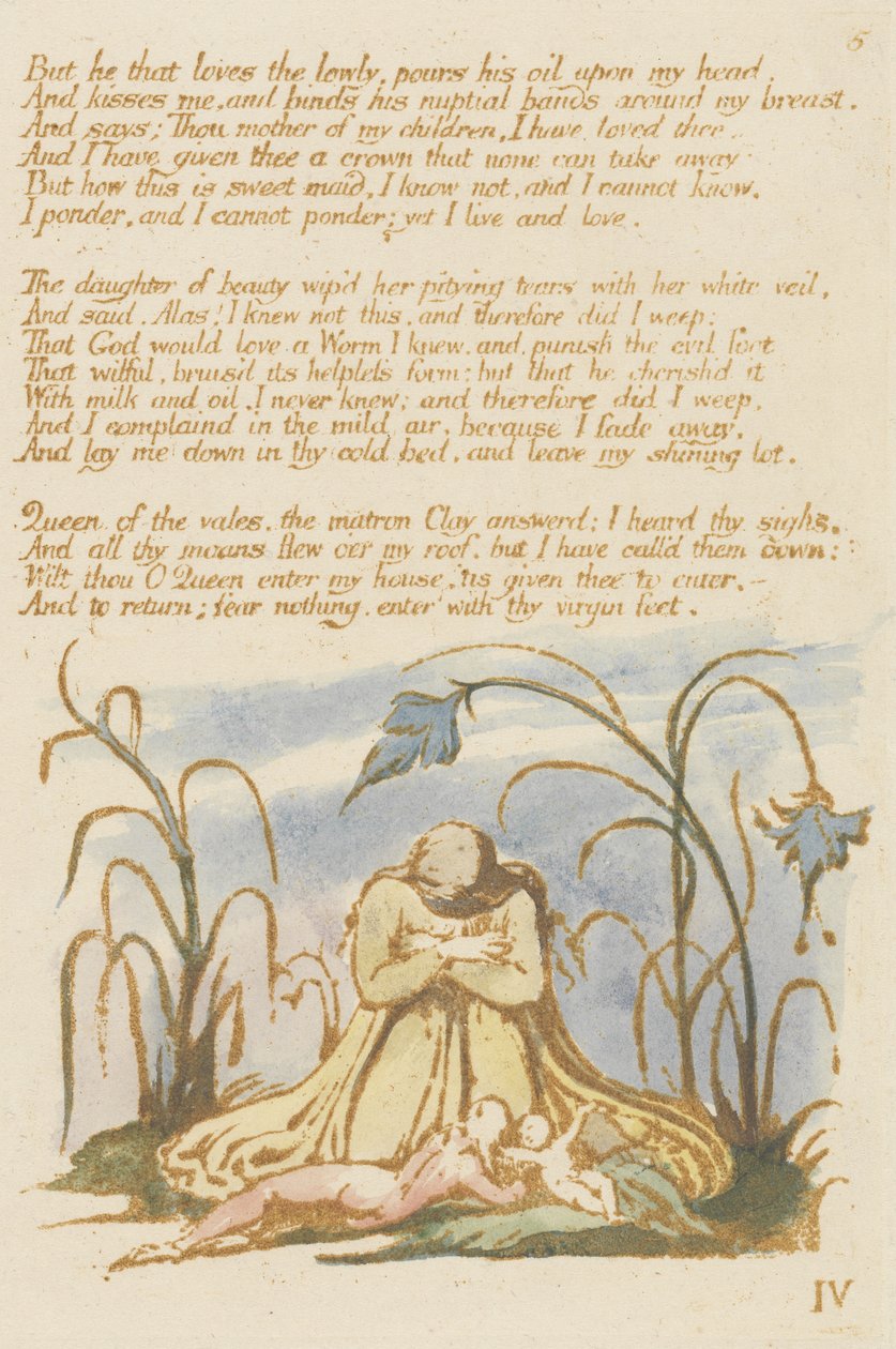 Ale kto kocha maluczkich..., tablica 7 z Księgi Thel, 1789 (akwaforta płaskorzeźba drukowana w kolorze brązowym z wc) autorstwa William Blake