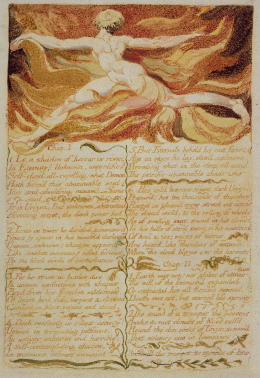 Facet. Ja, Lo, cień..., płyta 5 z Pierwszej Księgi Urizena, 1794 (drukowana kolorowo relief akwaforta tuszem i wc) autorstwa William Blake