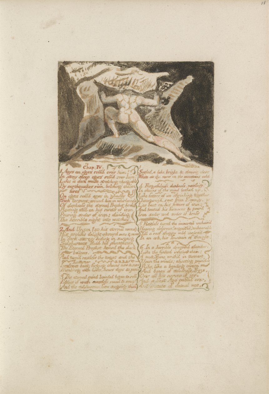 Rozdział: IV, Wieki na wieki przetoczyły się po nim..., tablica 13 z Pierwszej Księgi Urizena, 1794 (drukowana kolorowo płaskorzeźba akwaforta tuszem i wc) autorstwa William Blake
