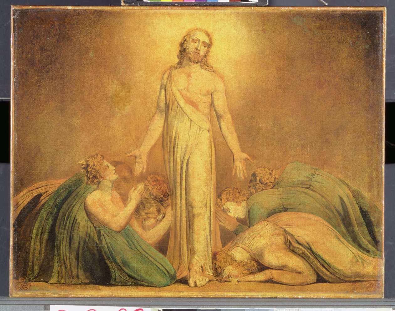 Chrystus ukazujący się apostołom po zmartwychwstaniu, 1795-1805 (kolorowy nadruk z wc i piórem i atramentem na papierze) autorstwa William Blake