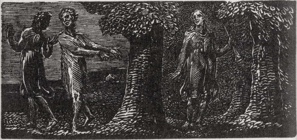 Colinet wyśmiewany przez dwóch chłopców, ilustracja z „The Pastorals of Virgil” dr Thorntona autorstwa William Blake