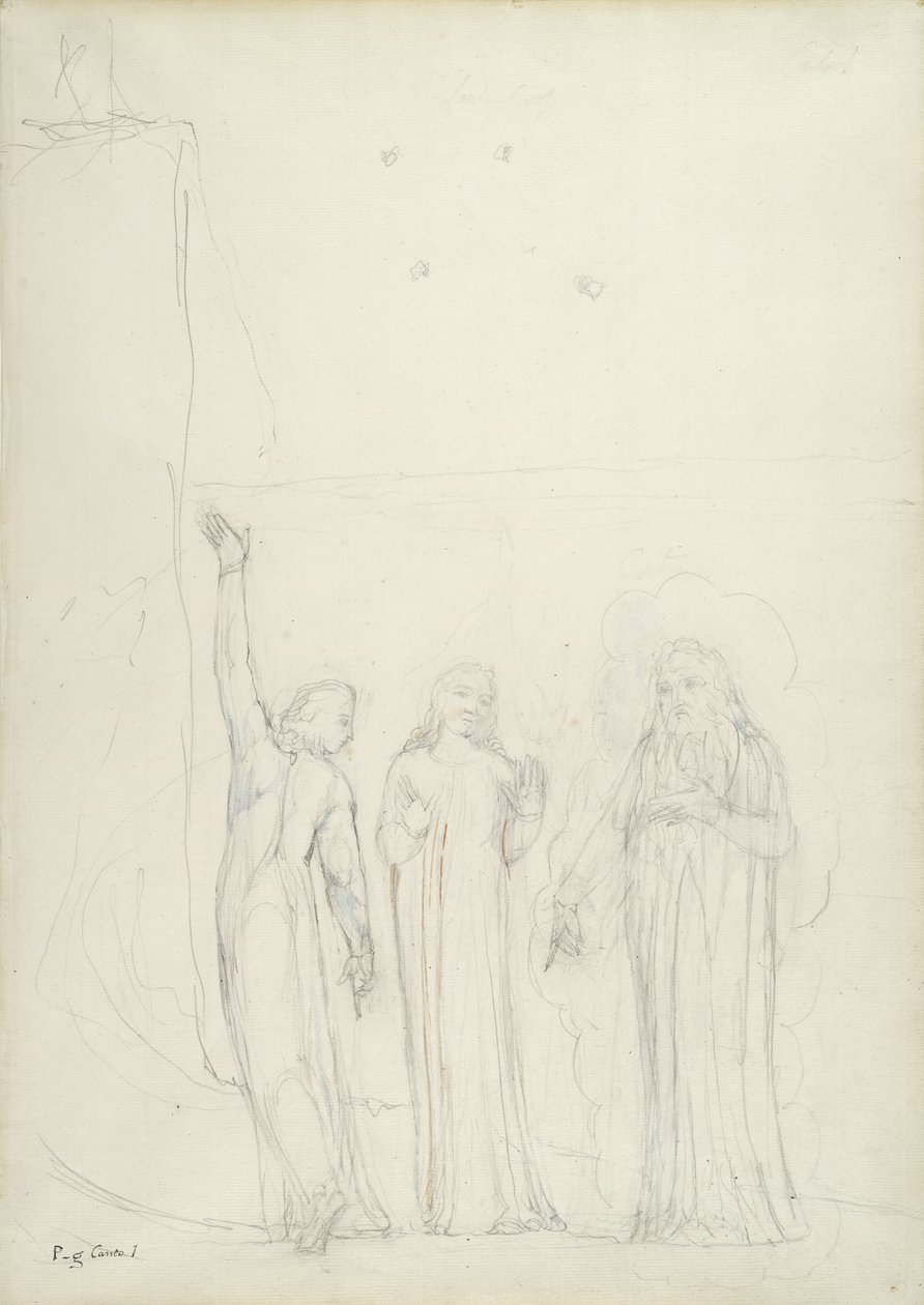 Dante, Virgil and Cato, ilustracja do Boskiej Komedii Dantego Alighieri, 1824-27 (ołówek z tuszem i wc na papierze) autorstwa William Blake