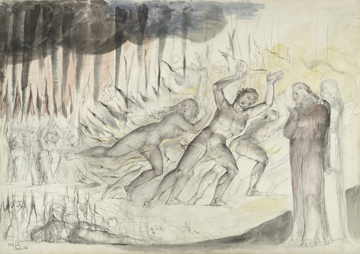 Dante i Wergiliusz wśród bluźnierców, ilustracja do Boskiej komedii Dantego Alighieri, 1824-27 (pióro i atrament z wc na ołówku i kredą na papierze) autorstwa William Blake