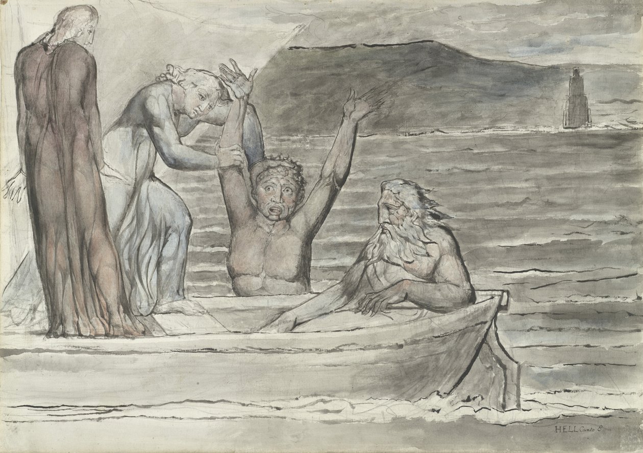 Filippo Argenti wita Dantego i Wergiliusza w Skiffie z Phlegya, ilustracja do Boskiej Komedii Dantego Alighieri, 1824-27 (pióro i atrament z toaletą na ołówku i kredą na papierze) autorstwa William Blake
