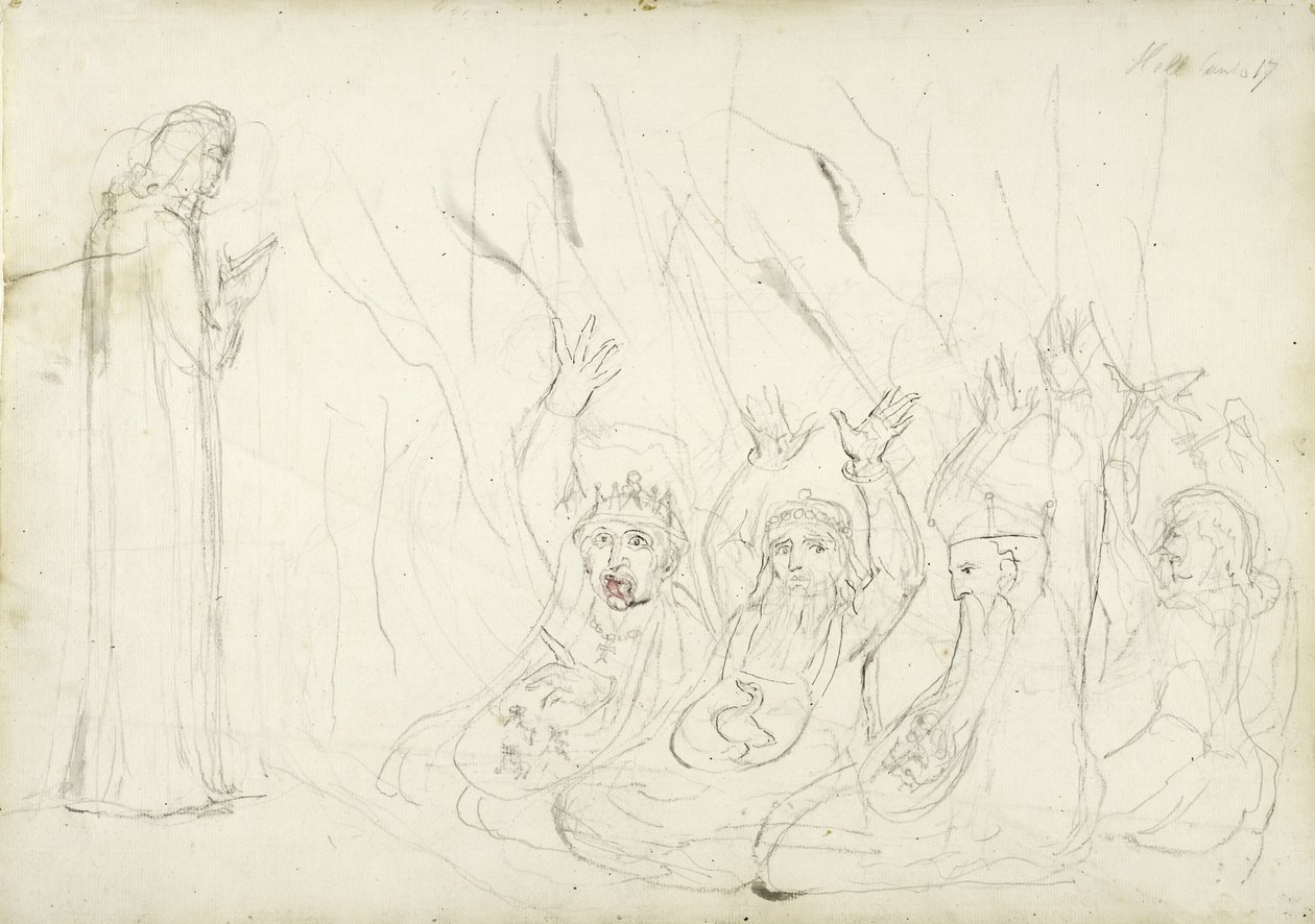 Dante i lichwiarze, ilustracja do Boskiej Komedii Dantego Alighieri, 1824-27 (ołówek i pranie na papierze) autorstwa William Blake