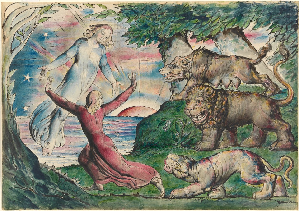 Dante ucieka przed trzema bestiami autorstwa William Blake