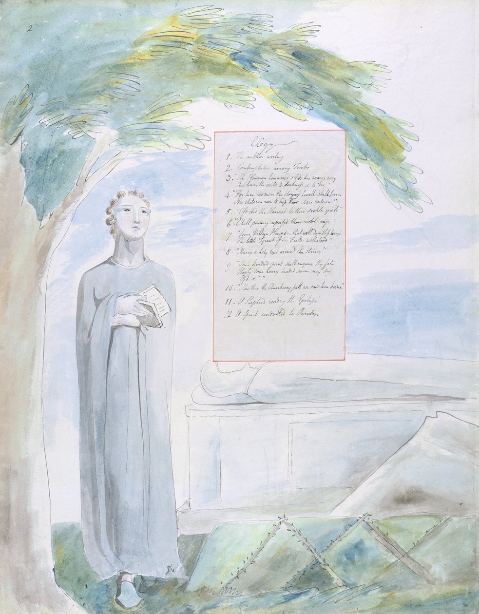 Elegia napisana w wiejskim dziedzińcu kościelnym, wzór 106 z The Poems of Thomas Gray, 1797-98 (wc z piórem i atramentem na papierze) autorstwa William Blake
