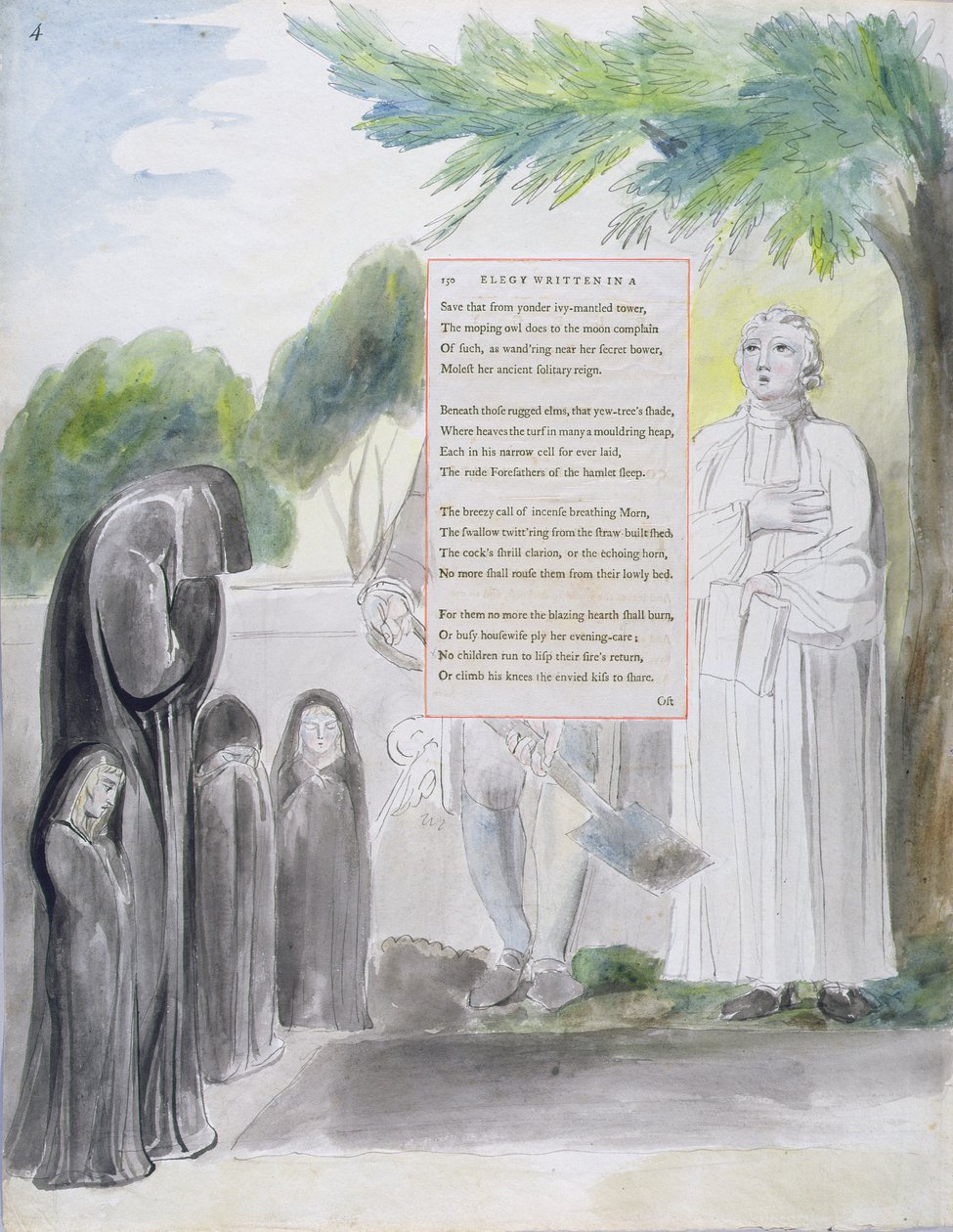 „Elegia napisana na wiejskim dziedzińcu kościelnym”, wzór 108 z „Poematów Thomasa Graya”, 1797-98 (wc z piórem i atramentem na papierze) autorstwa William Blake