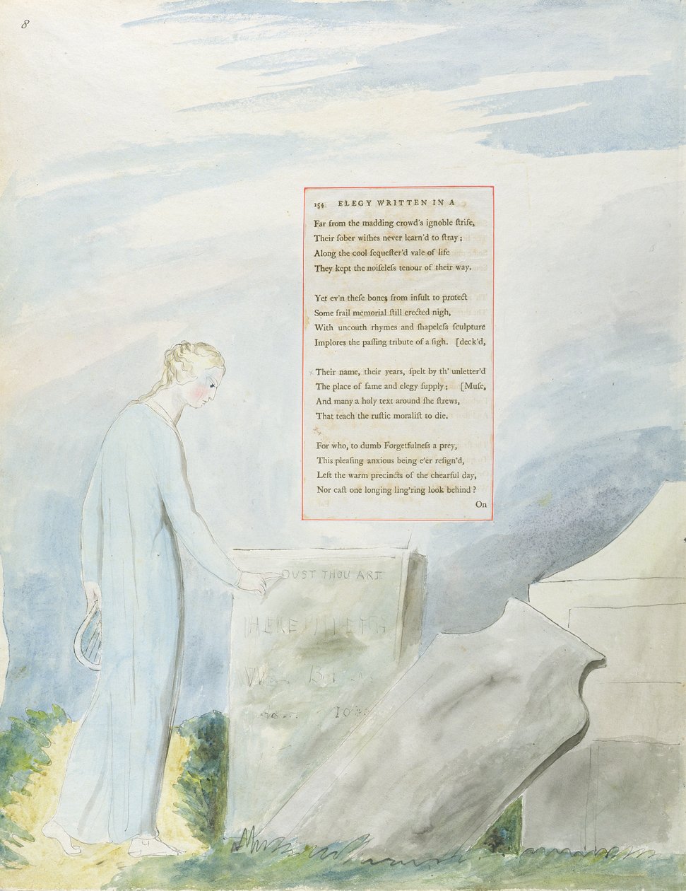 „Elegia napisana na wiejskim dziedzińcu kościelnym”, wzór 112 z „Poematów Thomasa Graya”, 1797-98 (wc z piórem i atramentem na papierze) autorstwa William Blake