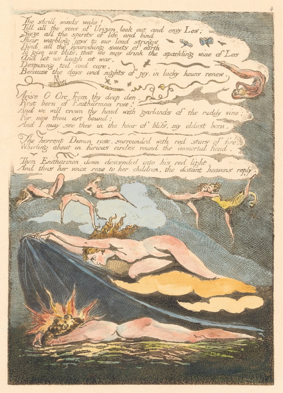 Europa. Przepowiednia, ilustracja 6, Budzą się przenikliwe wiatry . . . . (Bentley 7) autorstwa William Blake