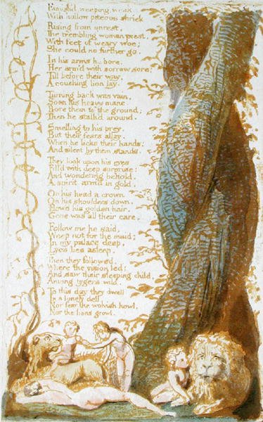 Famiszd, Płacz, słabi..., płyta 7 z Pieśni o niewinności, 1789 (akwaforta płaskorzeźba z wc na papierze) autorstwa William Blake