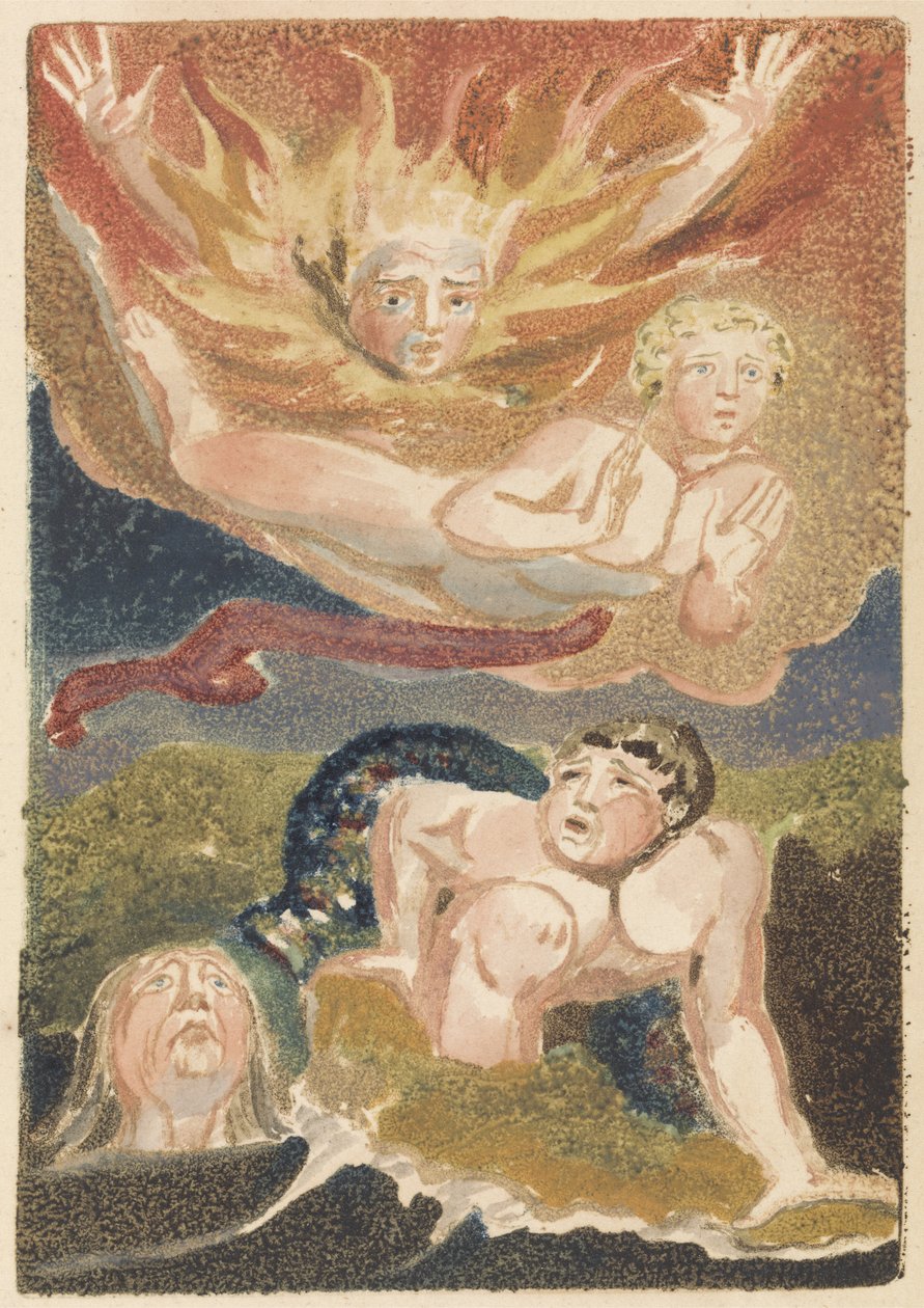 Czterech nagich mężczyzn wyłaniających się z żywiołów: płomienie, niebo, morze i zielona ziemia, tablica 22 z Pierwszej Księgi Urizena, 1794 (akwaforta płaskorzeźba z wc) autorstwa William Blake