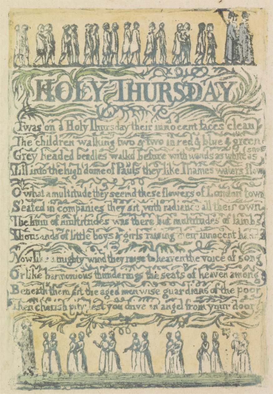 Wielki Czwartek, tablica 24 z Pieśni o niewinności, 1789 (ręcznie kolorowana płaskorzeźba akwaforta akwarelą) autorstwa William Blake