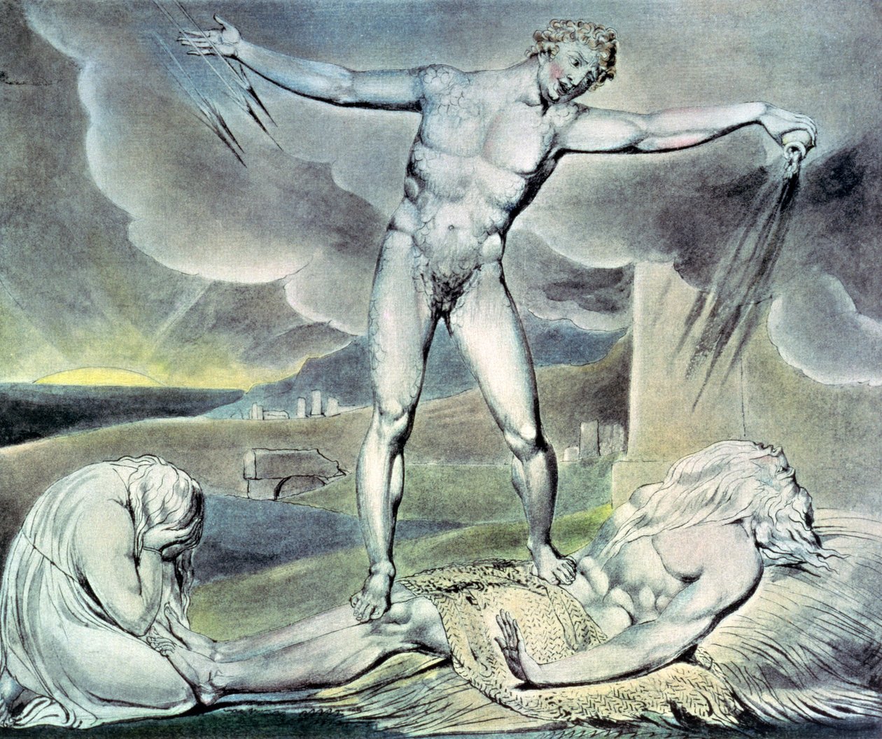 Ilustracje Księgi Hioba; Szatan bijący Hioba bolesnymi wrzodami, 1825 (długopis, toaleta i ołówek) autorstwa William Blake