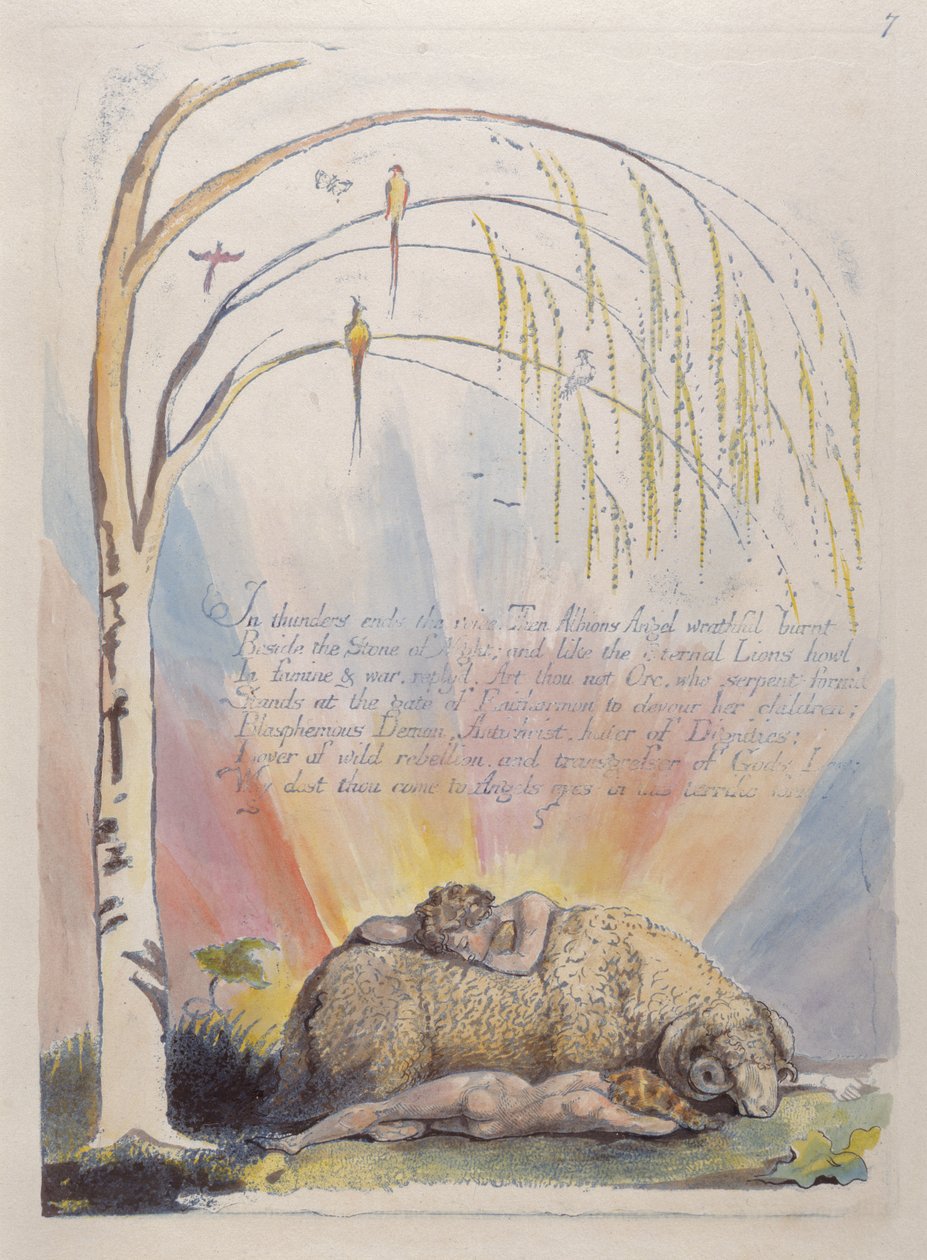 W grzmotach kończy się głos..., płyta 9 z Ameryki: A Prophecy, 1793 (akwaforta wypukła wydrukowana na niebiesko piórem i atramentem oraz toaletą) autorstwa William Blake