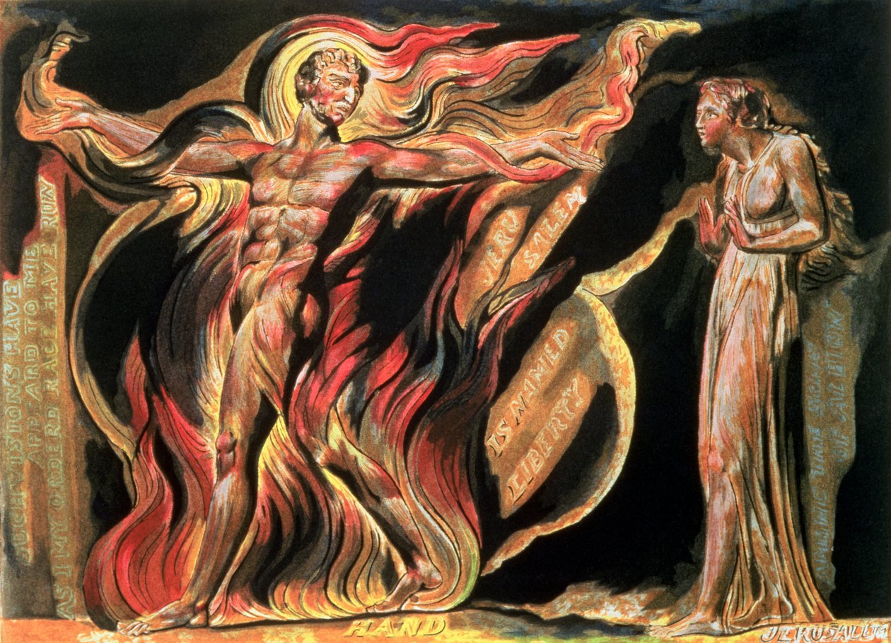 Jerozolima Emanacja Olbrzymiego Albionu; Pojawiły mi się takie wizje, 1804 (akwaforta wypukła, grawerowanie białą kreską, wc) autorstwa William Blake