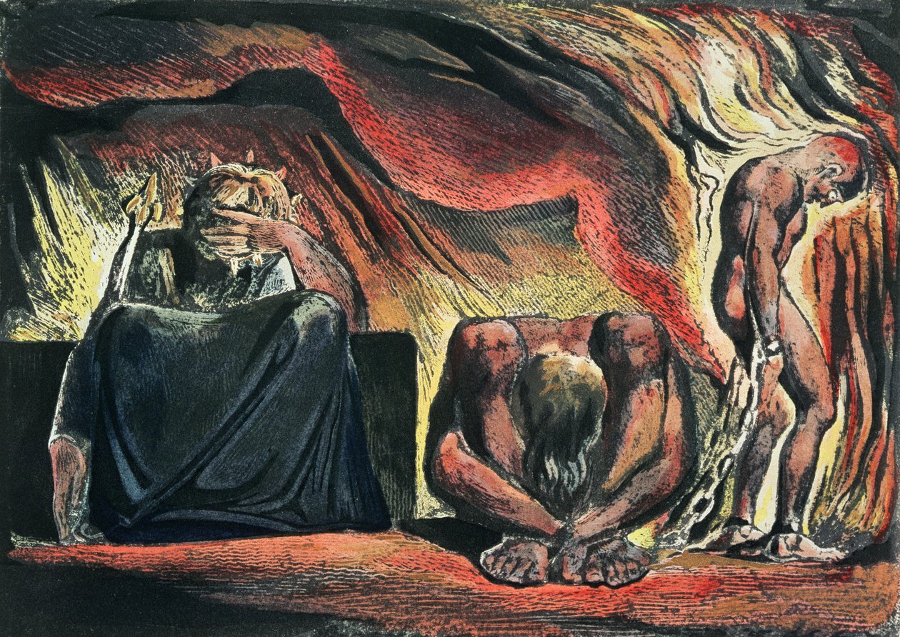 Jerozolima Emanacja Olbrzymiego Albionu; tablica 51 Vala, Hyle i Skofeld, ukazująca koronowaną Valę (upadłą Jerozolimę) przykucniętą w rozpaczy z dwoma jej akolitami: Hyle (reprezentującym Wilhelma H autorstwa William Blake