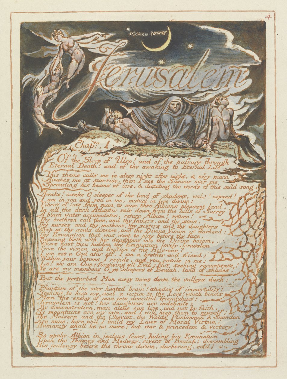 Jerozolima, tablica 4 z Jerozolimy, 1804-20 (akwaforta wypukła drukowana w kolorze pomarańczowym z długopisem i toaletą) autorstwa William Blake