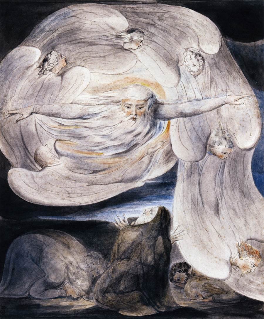 Hiob wyznaje swoje domniemanie Bogu, który odpowiada z trąby powietrznej autorstwa William Blake