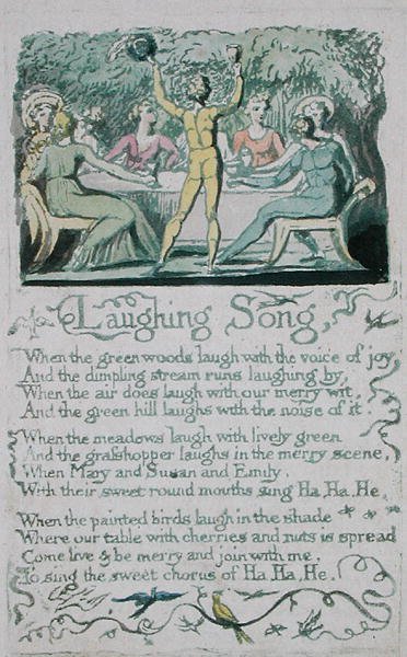 Pieśń śmiechu, płyta 13 z Pieśni niewinności, 1789 (akwaforta reliefowa ręcznie kolorowana z akwarelą) autorstwa William Blake