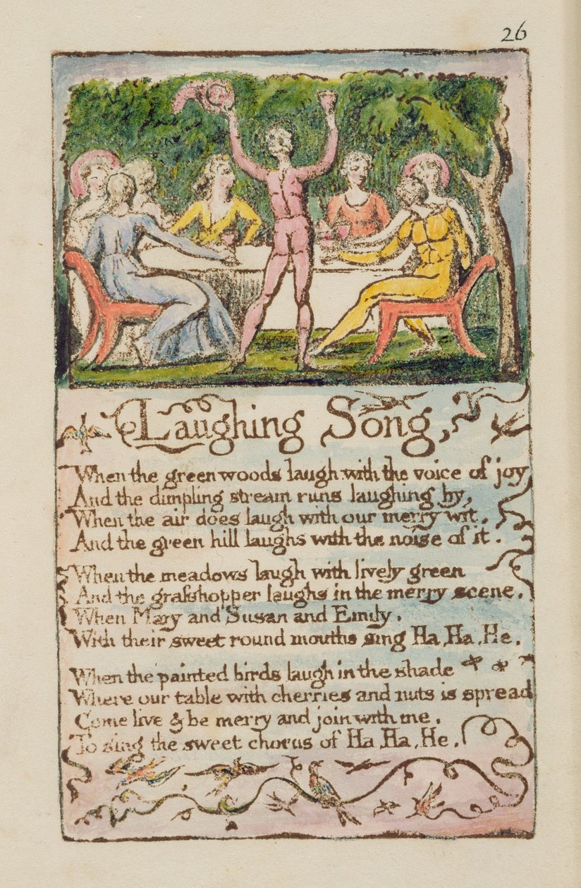 „Laughing Song”, płyta 26 z „Songs of Innocence and of Experience” [Bentley 15] ok. 1789-94 (akwaforta wypukła wydrukowana w kolorze ciemnobrązowym za pomocą długopisu, tuszu i toalety) autorstwa William Blake
