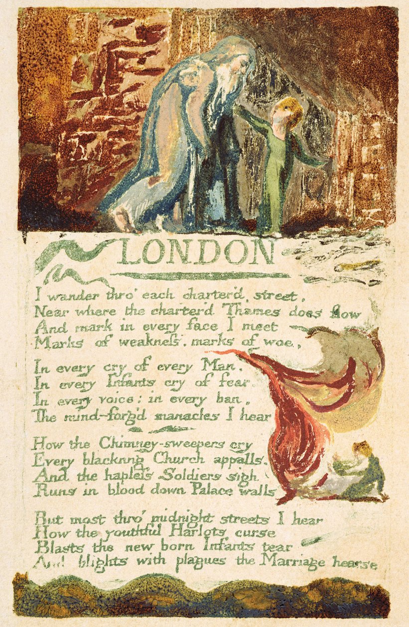 „Londyn”, tablica 38 z „Pieśni doświadczenia”, 1794 (kolorowa akwaforta z wc) autorstwa William Blake