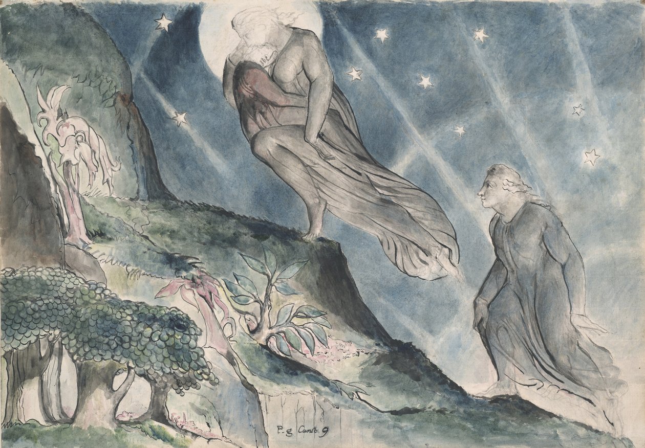 Łucja niosąca Dantego we śnie, ilustracja do Boskiej Komedii Dantego Alighieri, 1824-27 (pióro i atrament z toaletą na ołówku i kredą na papierze) autorstwa William Blake