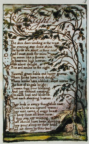 Noc, ilustracja z Pieśni o niewinności i doświadczeniu (Bentley Copy L) pl.18 (Bentley 20) 1789-94 (akwaforta płaskorzeźba piórem i toaletą na papierze) autorstwa William Blake