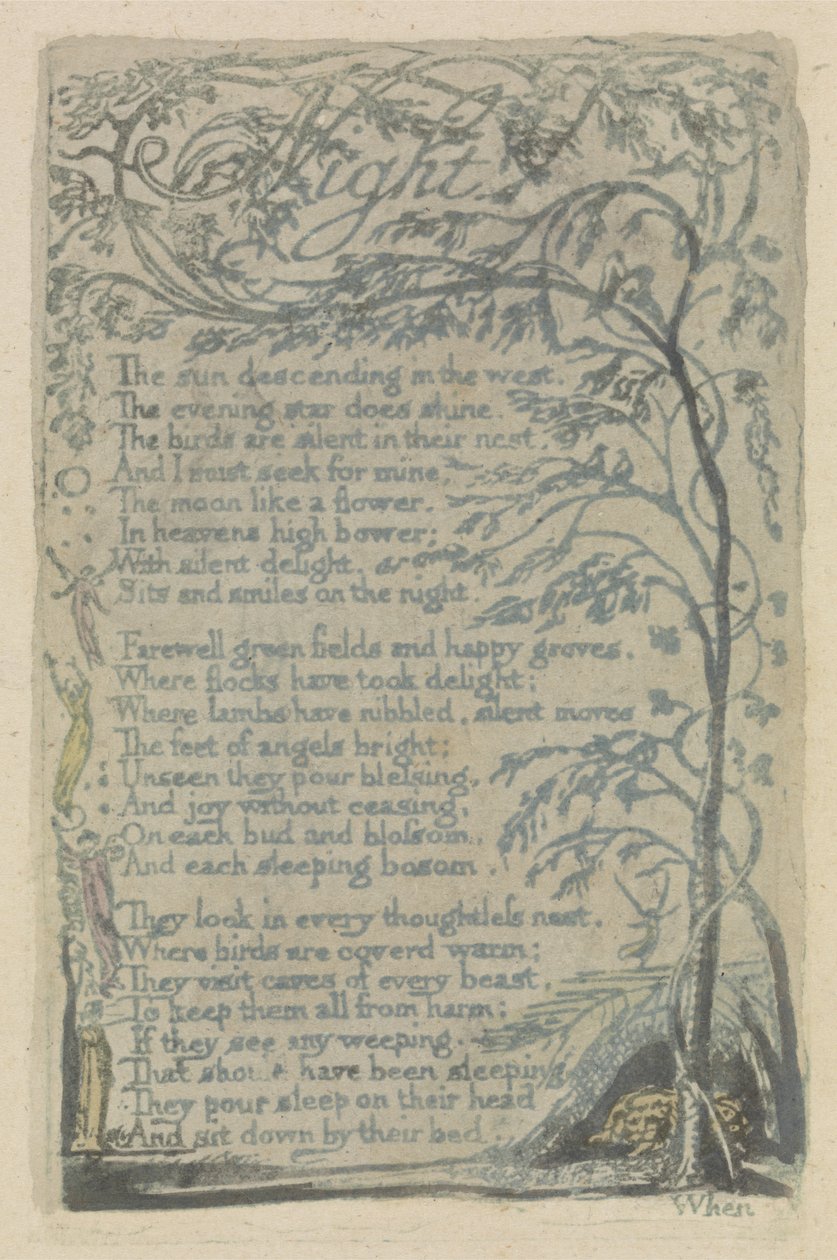 Noc, płyta 29 z Pieśni o niewinności, 1789 (ręcznie kolorowana płaskorzeźba akwaforta z akwarelą) autorstwa William Blake