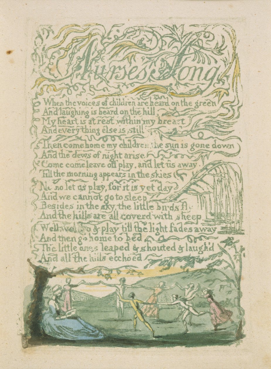 „Pieśń pielęgniarki”, płyta 18 z „Pieśni niewinności”, 1789 (ręcznie malowana płaskorzeźba akwaforta z akwarelą) autorstwa William Blake
