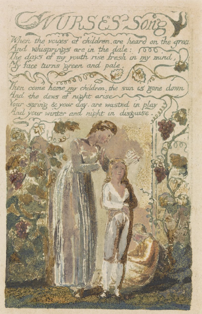Pieśń pielęgniarek, tablica 36 z Pieśni doświadczeń, 1794 (akwaforta reliefowa z wc) autorstwa William Blake