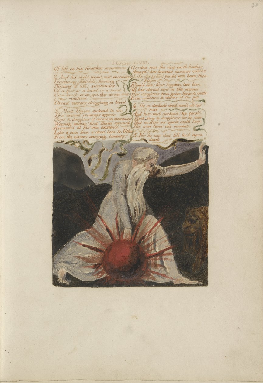 O górach zapomnianych przez życie..., tablica 24 z Pierwszej Księgi Urizena, 1794 (drukowana kolorowo płaskorzeźba akwaforta tuszem i wc na papierze) autorstwa William Blake