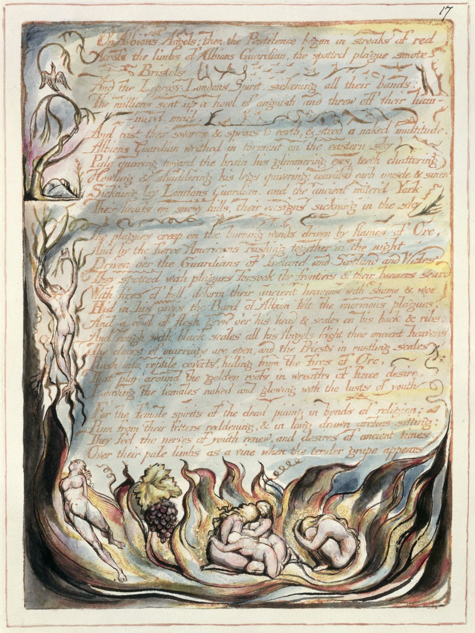 Na Aniołach Albionu, płyta 15 z "Ameryka, proroctwo", 1793 (akwaforta reliefowa i wc na papierze) autorstwa William Blake