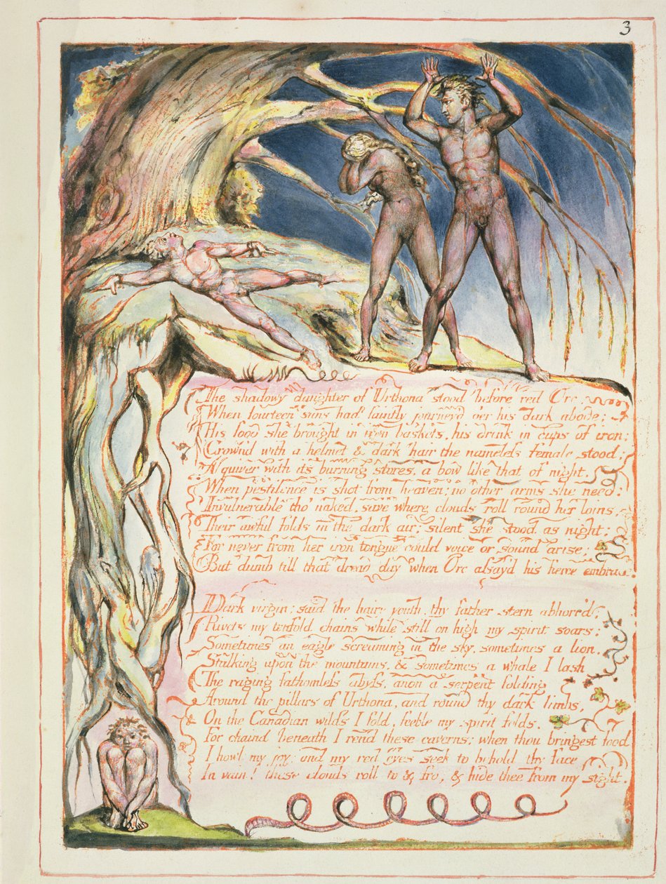 Preludium, płyta 1 z „Ameryka, proroctwo”, 1793 (akwaforta płaskorzeźba i toaleta na papierze) autorstwa William Blake