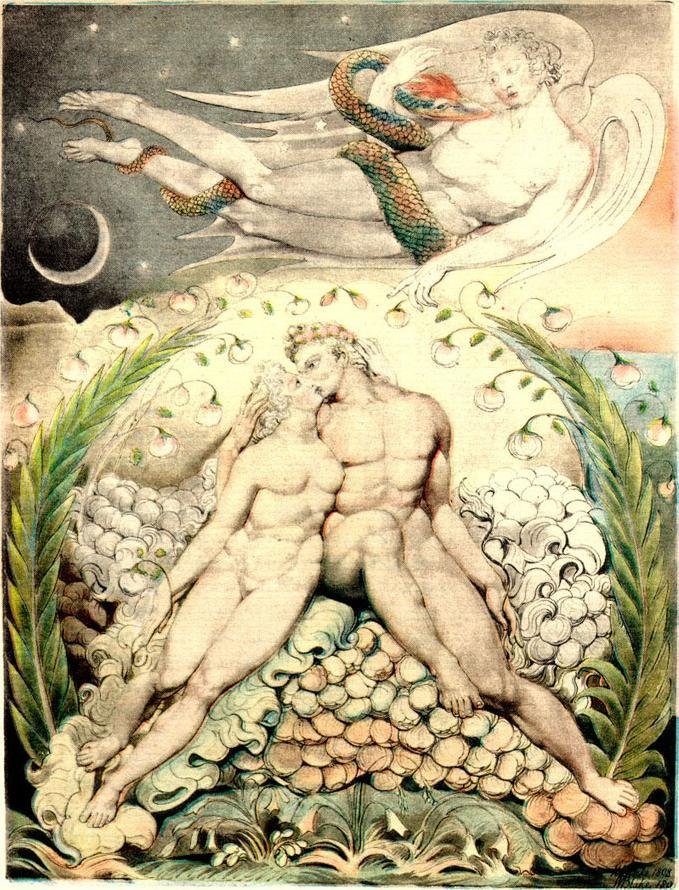 Szatan ogląda pieszczoty Adama i Ewy autorstwa William Blake