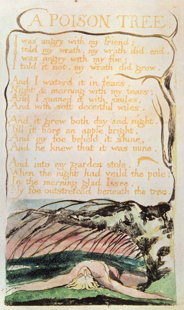 د تجربې سندرې؛ د زهرو ونې، 1794 (ریلیف اینچنګ، د اوبو رنګ، قلم) پولی autorstwa William Blake