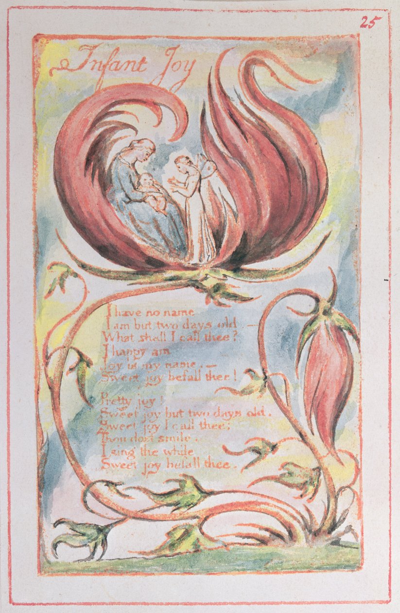 Pieśni niewinności; Infant Joy, 1789 (akwaforta reliefowa zabarwiona wc) autorstwa William Blake