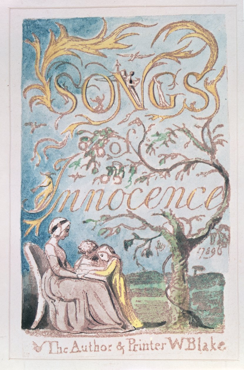 Pieśni niewinności; Strona tytułowa, 1789 (akwaforta wypukła zabarwiona akwarelą) autorstwa William Blake