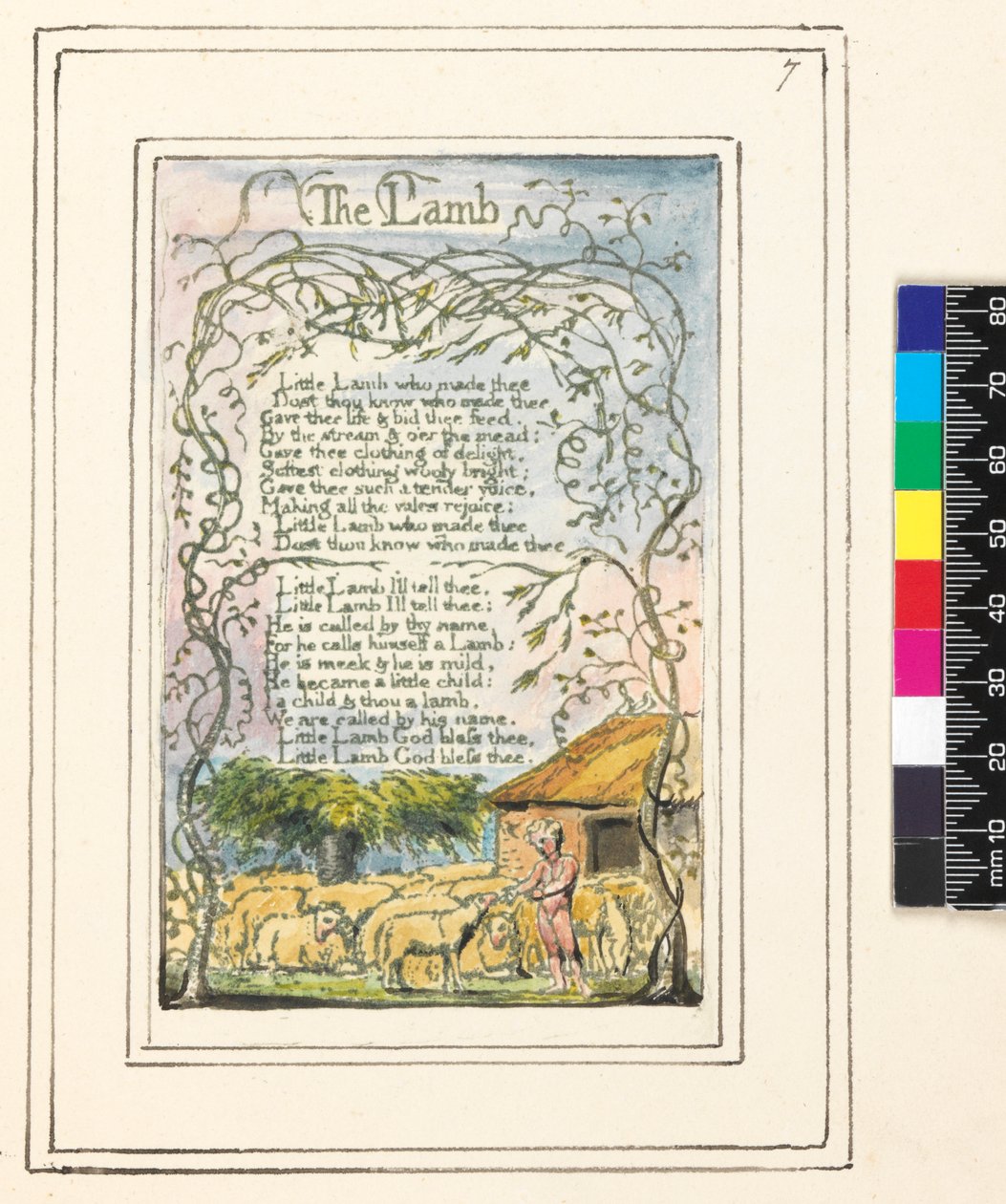 Pieśni o niewinności i doświadczeniu Tablica 7: Baranek, ok. 1789-94 (akwaforta wypukła wykończona piórem i toaletą) autorstwa William Blake
