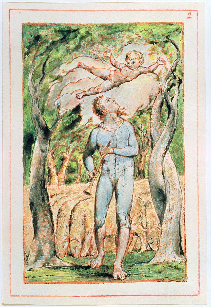 Pieśni niewinności; Piper (frontyspis), 1789 (akwaforta wypukła, podbarwiona wc) autorstwa William Blake