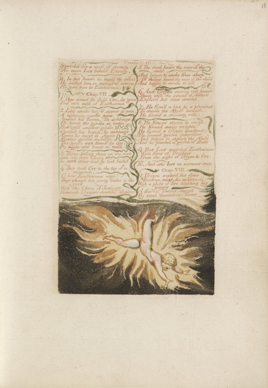 Rozciągnięty na dzieło wieczności..., tablica 22 z Pierwszej Księgi Urizena, 1794 (drukowana kolorowo płaskorzeźba akwaforta tuszem i wc na papierze) autorstwa William Blake