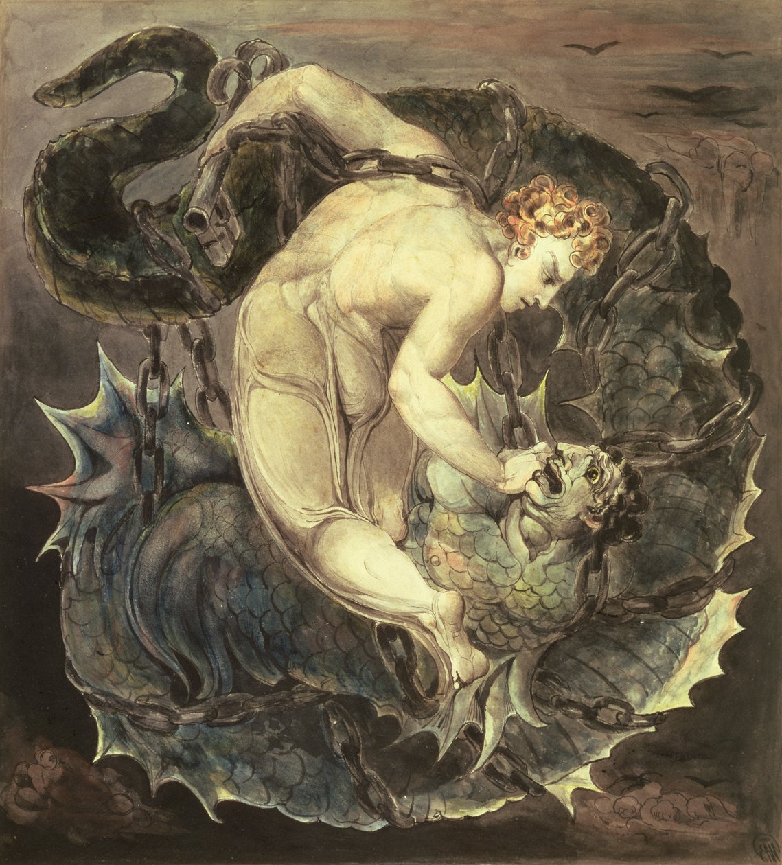 Anioł Michał Wiążący Szatana („Wrzucił go do Otchłani bez dna i uciszył) ok. 1805 (toaleta, tusz i grafit na papierze) autorstwa William Blake