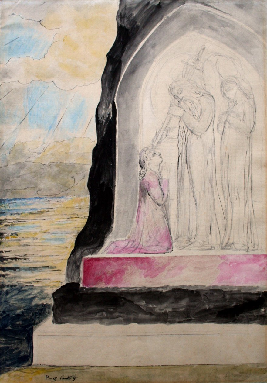 Anioł z mieczem oznaczający Dantego z siedmiorakim", ilustracja z "Purgatorio", Boska Komedia Dantego, ok. 1825-27 (pióro i tusz z wc na papierze) autorstwa William Blake