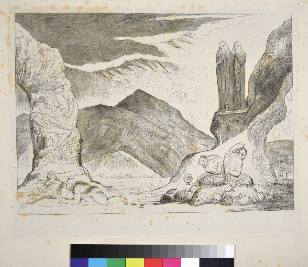 Krąg fałszerzy: Dante i Wergiliusz zakrywający nosy z powodu smrodu, Piekło, Pieśń XXIX, ilustracja do „Boskiej komedii” Dantego Alighieri, c.1827-38 autorstwa William Blake