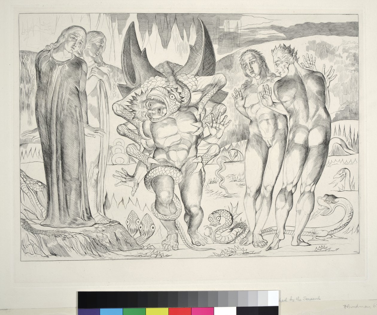 Krąg złodziei: Agnolo Brunelleschi zaatakowany przez sześcionożnego węża, Piekło, Pieśń XXV, ilustracja do „Boskiej Komedii” Dantego Alighieri, 1827 autorstwa William Blake