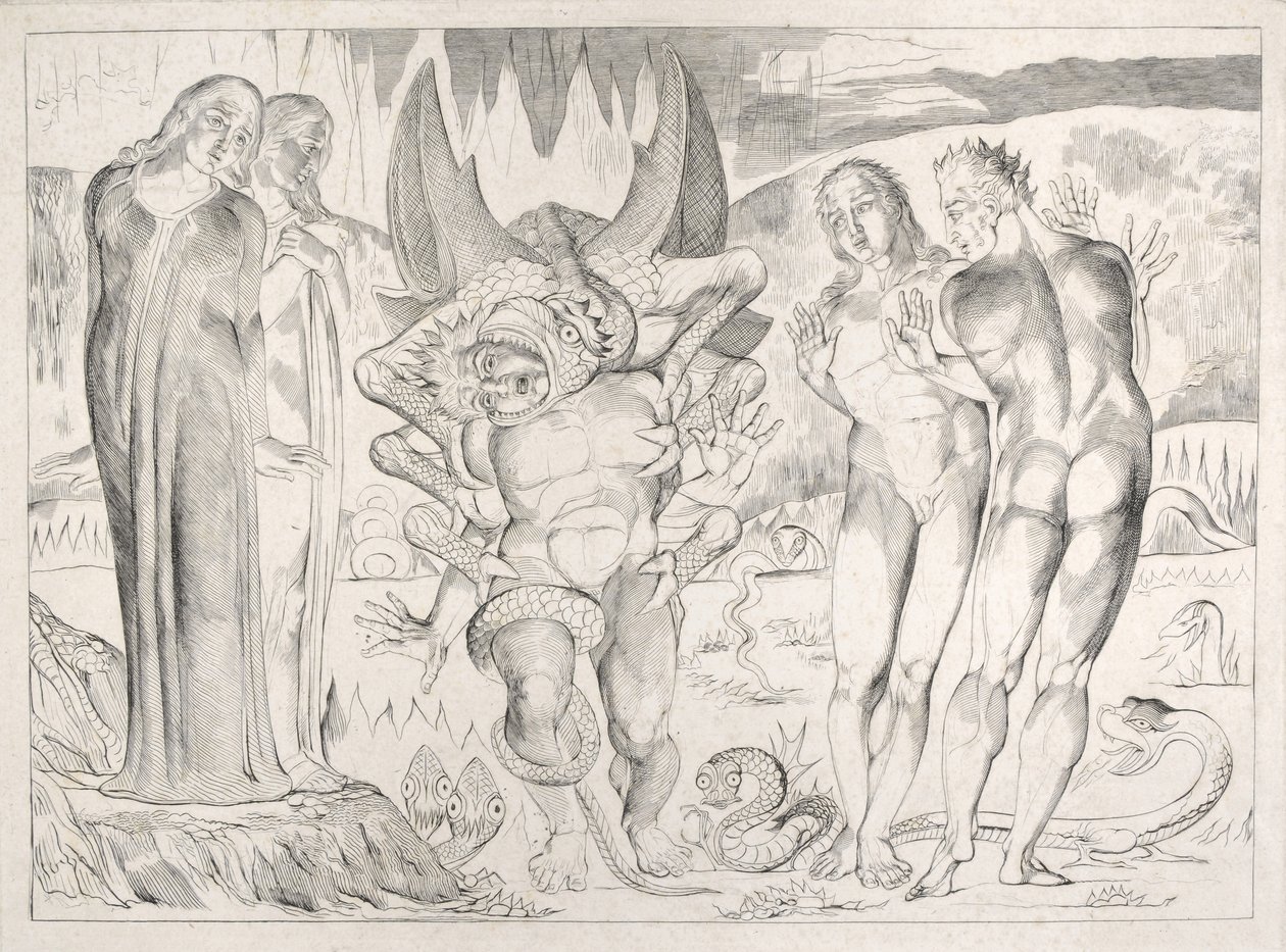 Krąg złodziei: Agnolo Brunelleschi zaatakowany przez piekło sześcionogiego węża, kanto XXV, ilustracja do „Boskiej komedii” Dantego Alighieri, 1827 autorstwa William Blake