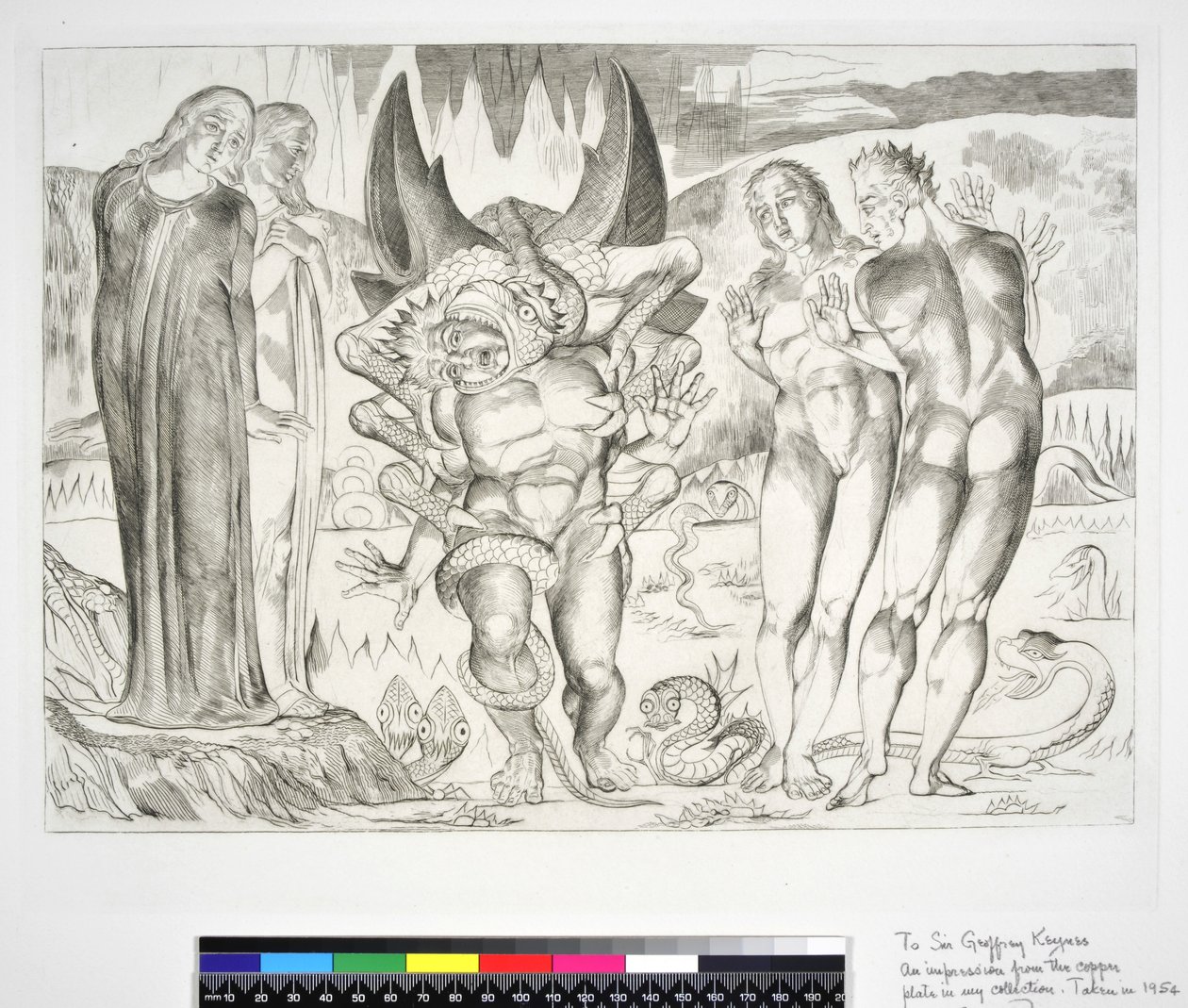 Krąg złodziei: Agnolo Brunelleschi zaatakowany przez piekło sześcionogiego węża, kanto XXV, ilustracja do „Boskiej komedii” Dantego Alighieri, 1954 autorstwa William Blake