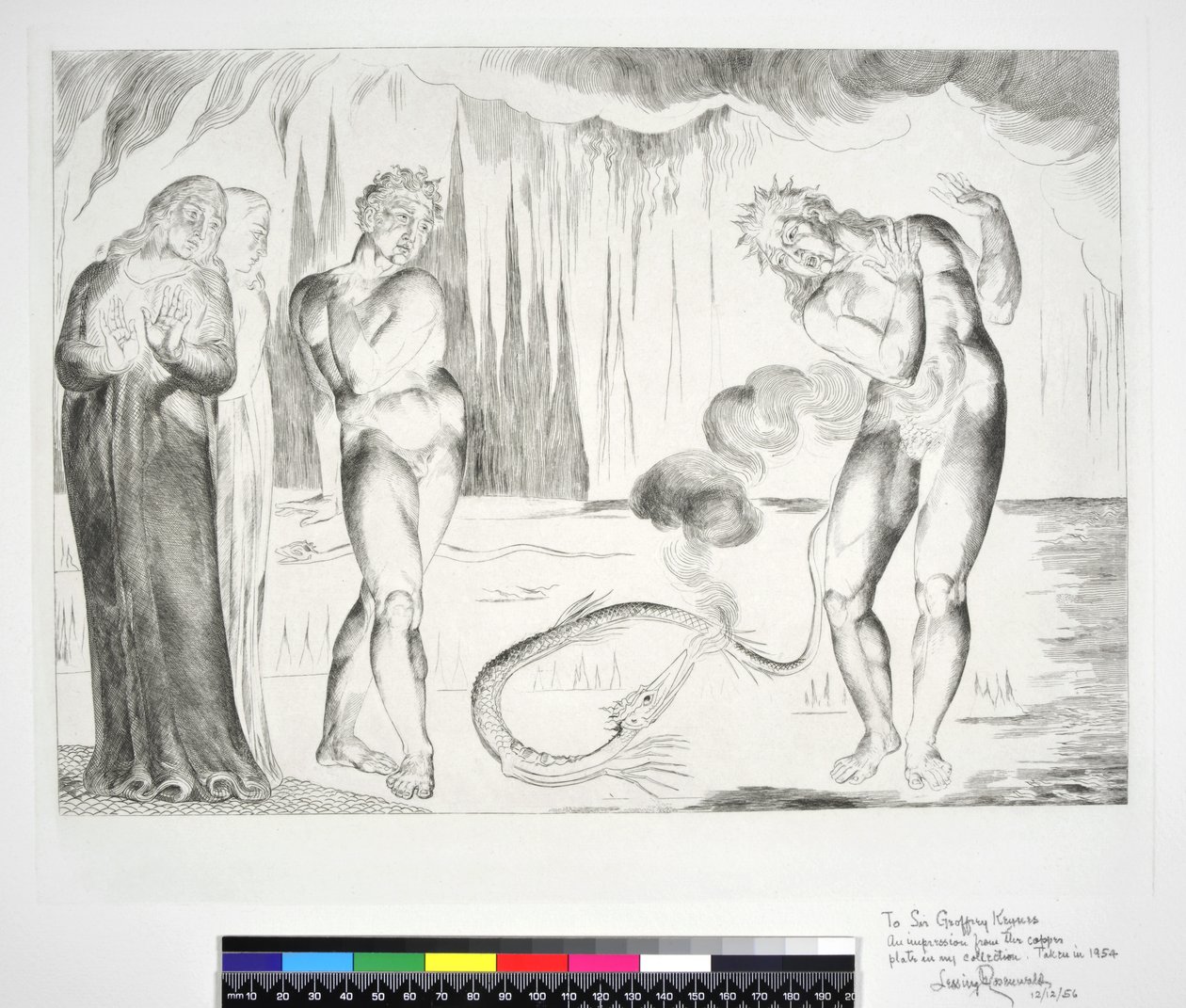 Krąg złodziei: Buoso Donati zaatakowany przez węża, Inferno, Canto XXV, ilustracja do „Boskiej komedii” Dantego Alighieri, 1954 autorstwa William Blake
